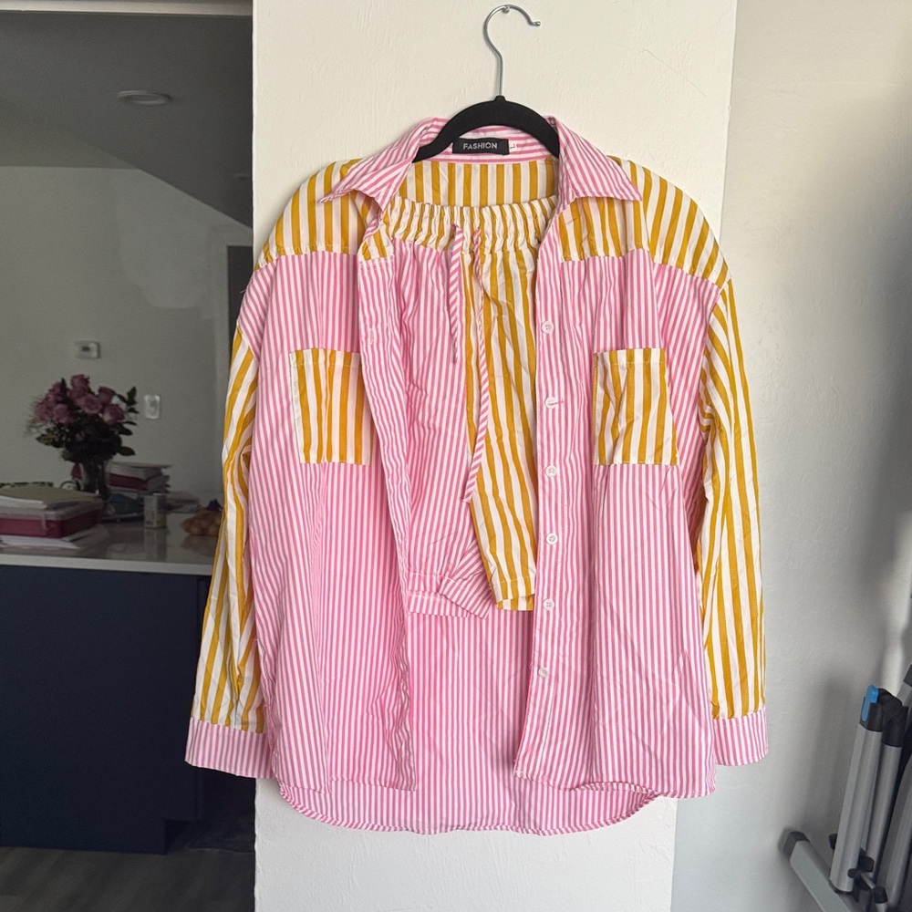 Pink and Yellow Striped Button-Up Shirt and short Set